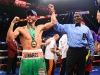 LAS VEGAS, NV - MARCH 8: Jorge Linares (green/white trunks) celebrates his 10 round unanimous decision win over Nihito Arakawa at the MGM Grand Garden Arena on March 8, 2014 in Las Vegas, Nevada. (Photo by Ed Mulholland/Golden Boy/Golden Boy via Getty Images) *** Local Caption ***Jorge Linares; Nihito Arakawa