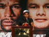 LAS VEGAS, NV - MARCH 8: WBC welterweight champion Floyd Mayweather speaks at the press conference announcing his fight against Marcos Maidana (not shown) at the MGM Grand Garden - Studio A&B on March 8, 2014 in Las Vegas, Nevada. (Photo by Ed Mulholland/Golden Boy/Golden Boy via Getty Images) *** Local Caption ***Floyd Mayweather